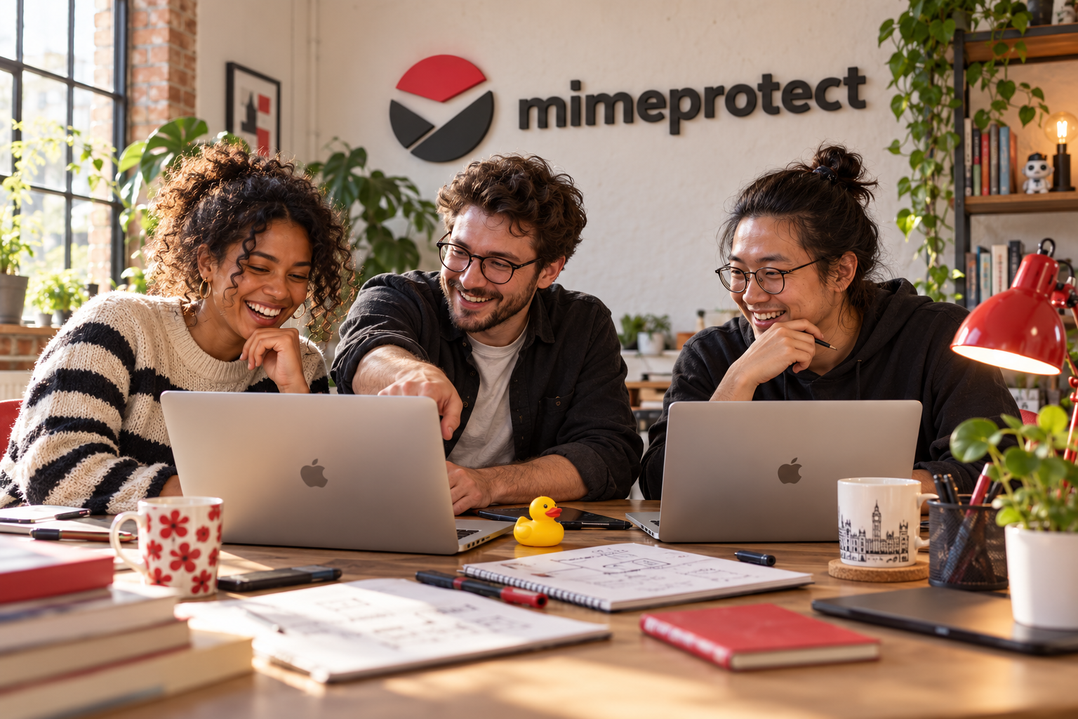 Developers collaborating around MacBooks in a warm studio