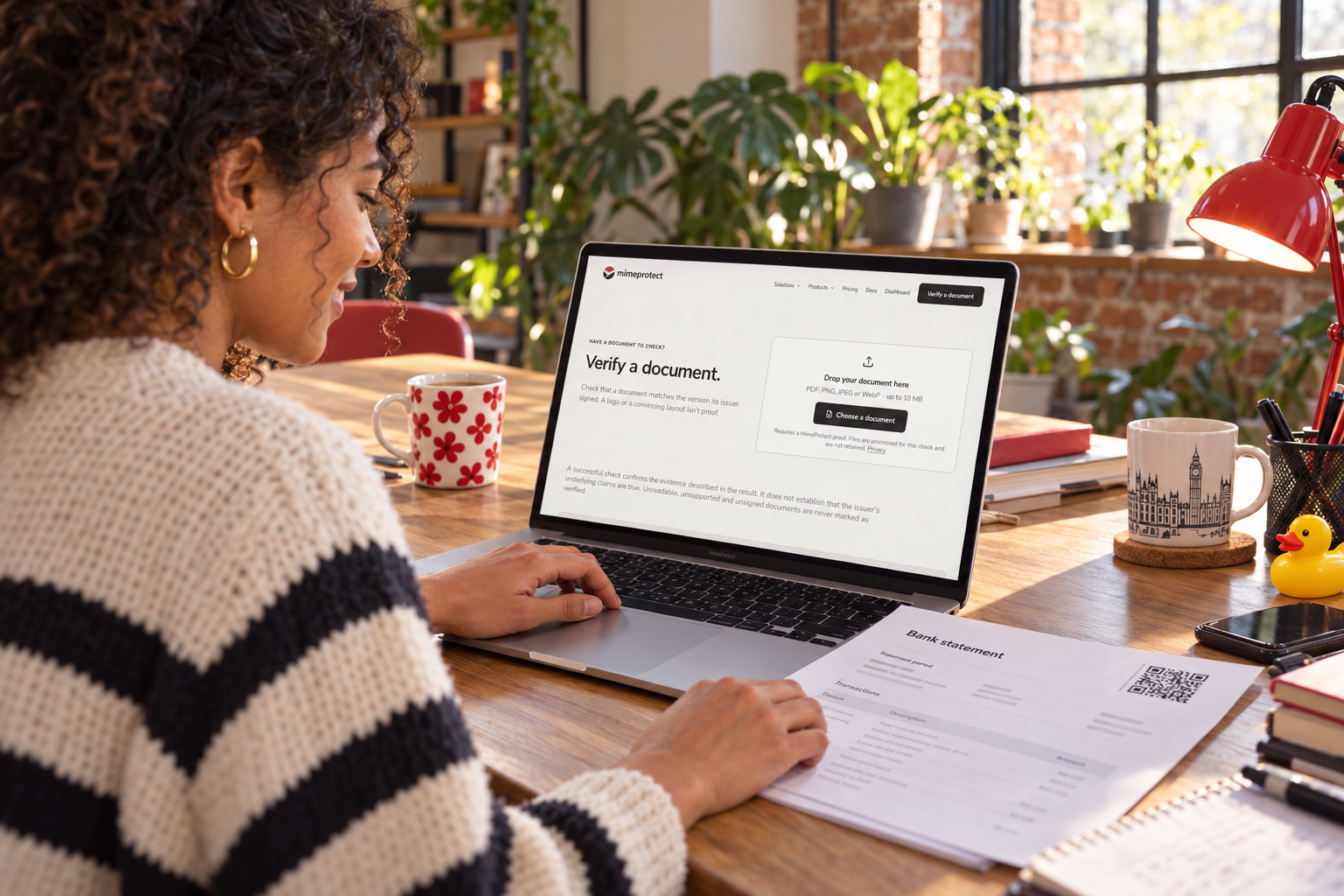 A recipient uploading a document to check its signed original