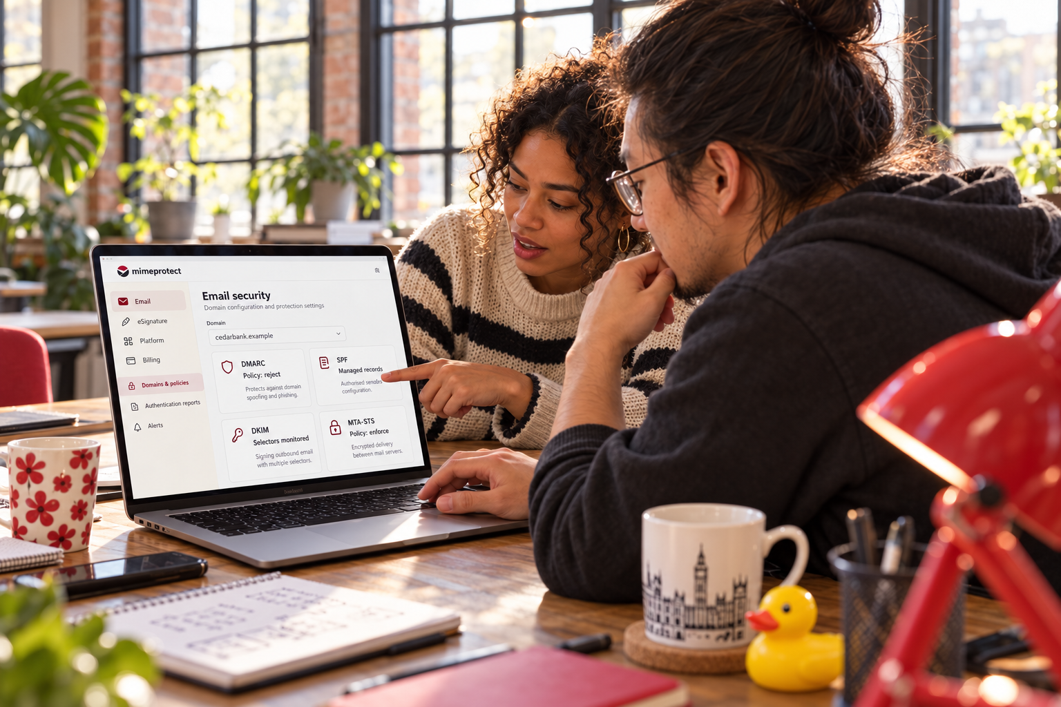 Developers reviewing a domain’s email policies in the MimeProtect email security workspace